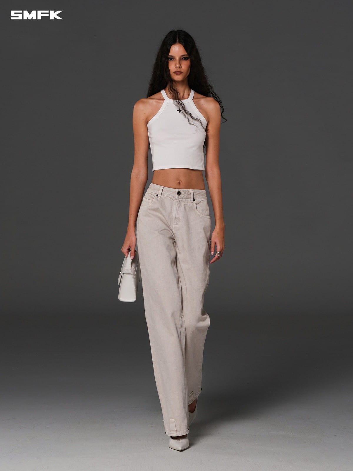 SMFK Vintage Wash Straight Leg Jeans in Light Gray - On Female Model