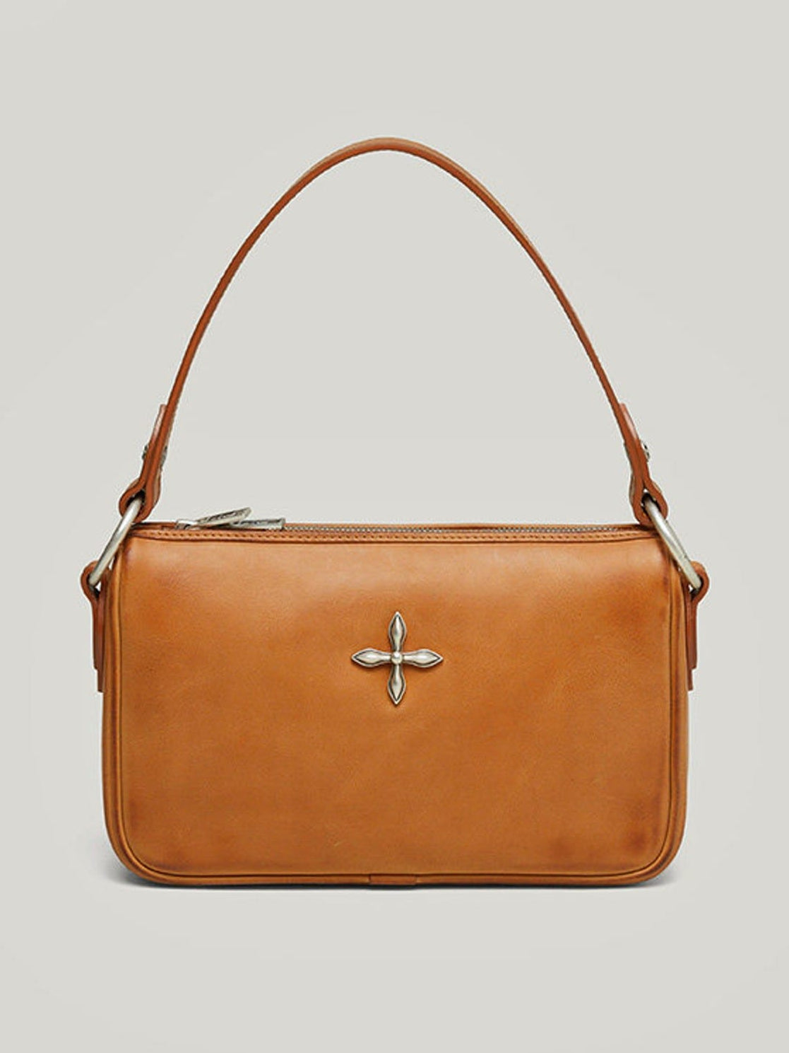 SMFK Cross Emblem Burnished Leather Shoulder Bag in Brown