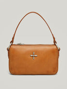 SMFK Cross Emblem Burnished Leather Shoulder Bag in Brown