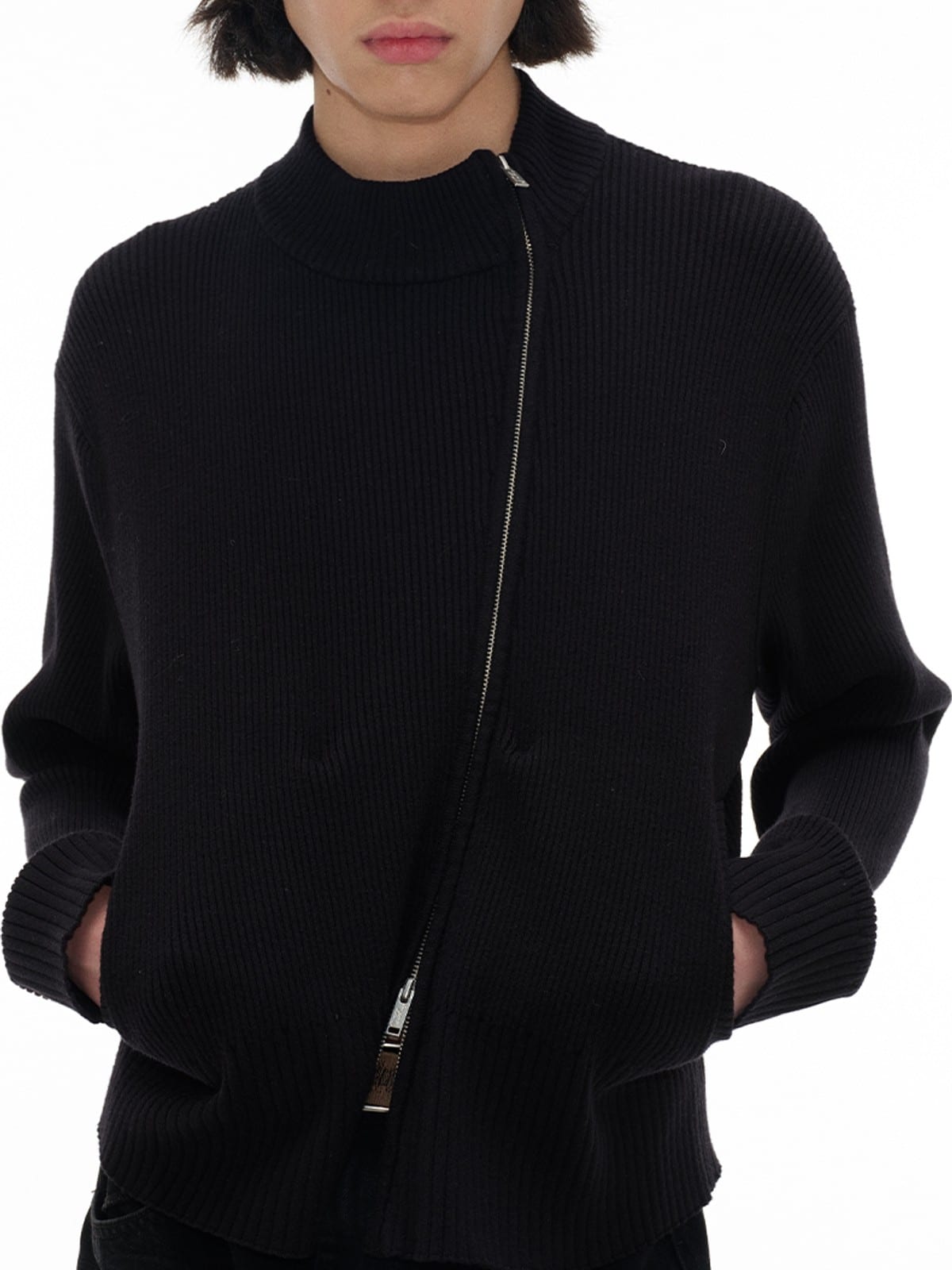 JCAESAR STUDIO Two Way Diagonal Zip Ribbed Sweater in Black - On Male Model