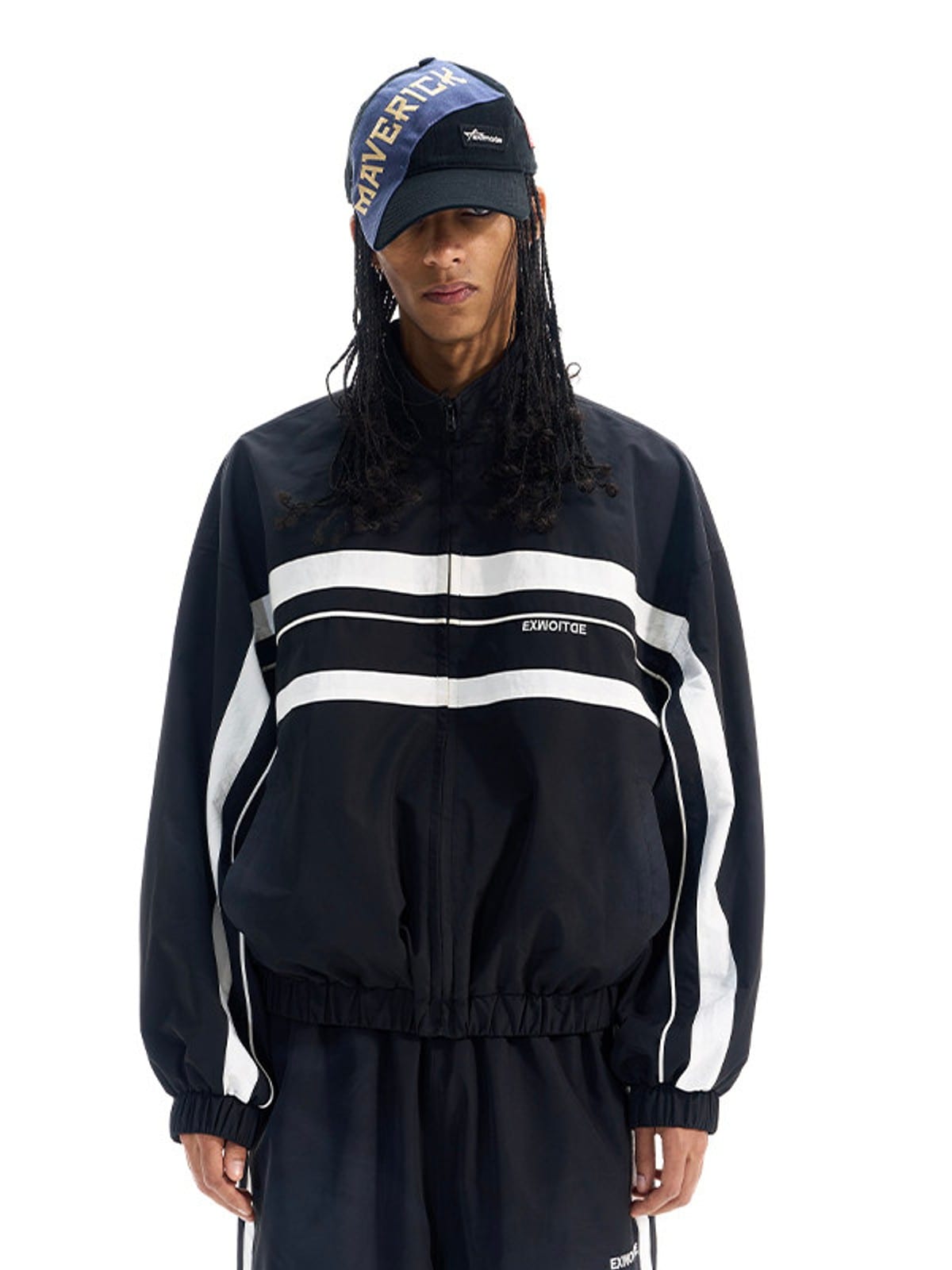 BLINDNOPLAN Color Blocked Zip Up Track Jacket in Black - On Male Model