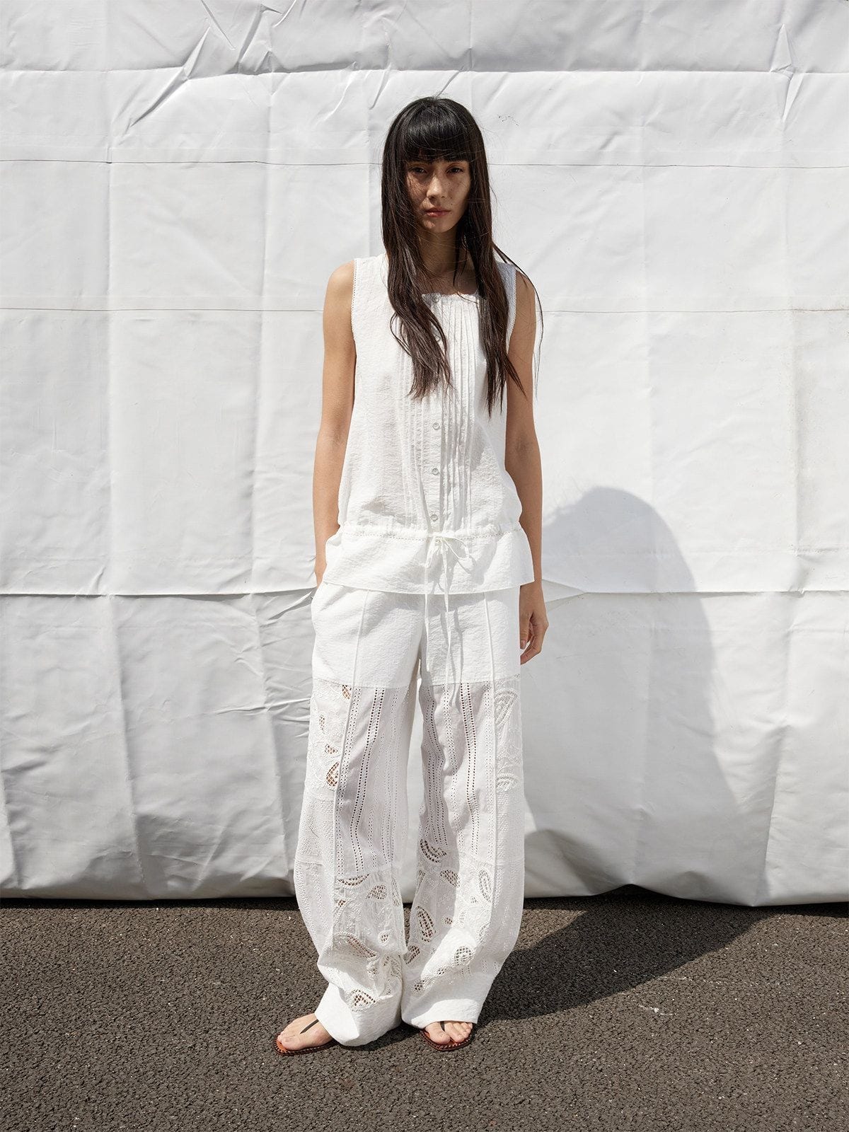 Random Piece Embroidered Cutout Wide Leg Pants in White - On Female Model