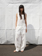 Random Piece Embroidered Cutout Wide Leg Pants in White - On Female Model