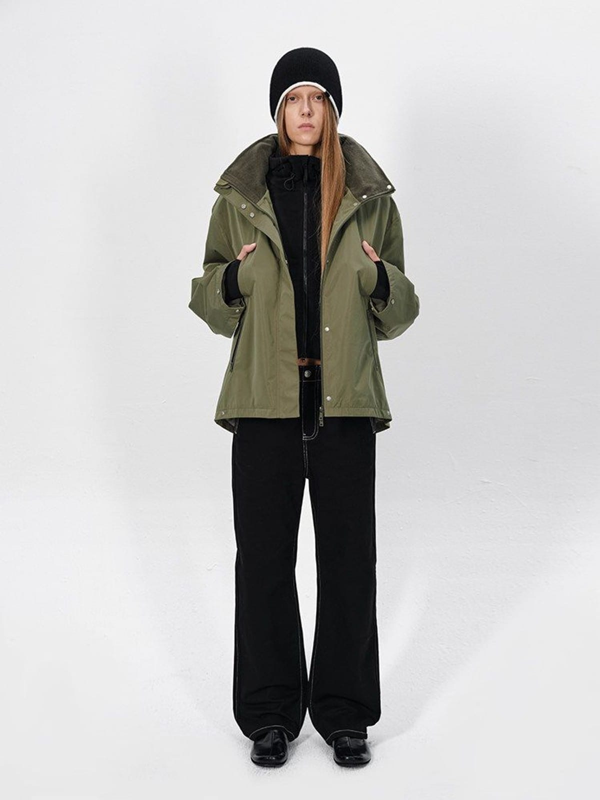 RARELY ALIKE Fleece Lined Hooded Windbreaker in Olive - On Female Model