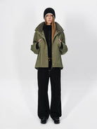 RARELY ALIKE Fleece Lined Hooded Windbreaker in Olive - On Female Model