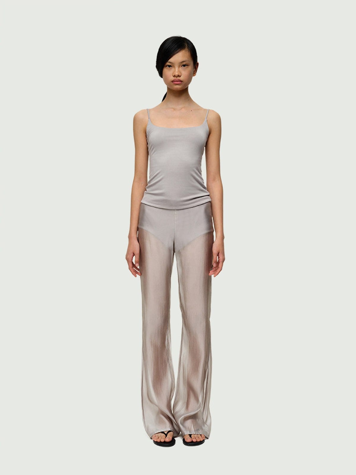 RARELY ALIKE Semi Sheer Mesh Flared Pants in Gray - On Female Model