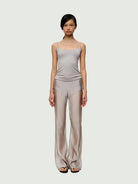 RARELY ALIKE Semi Sheer Mesh Flared Pants in Gray - On Female Model