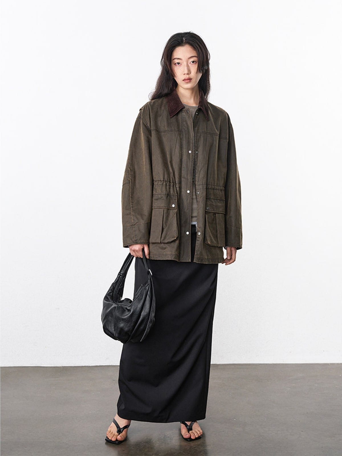Random Piece Matte Coated Utility Jacket in Olive - On Female Model