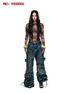 PERSONSOUL Dirty Wash Drawstring Flare Jeans in Denim - On Female Model