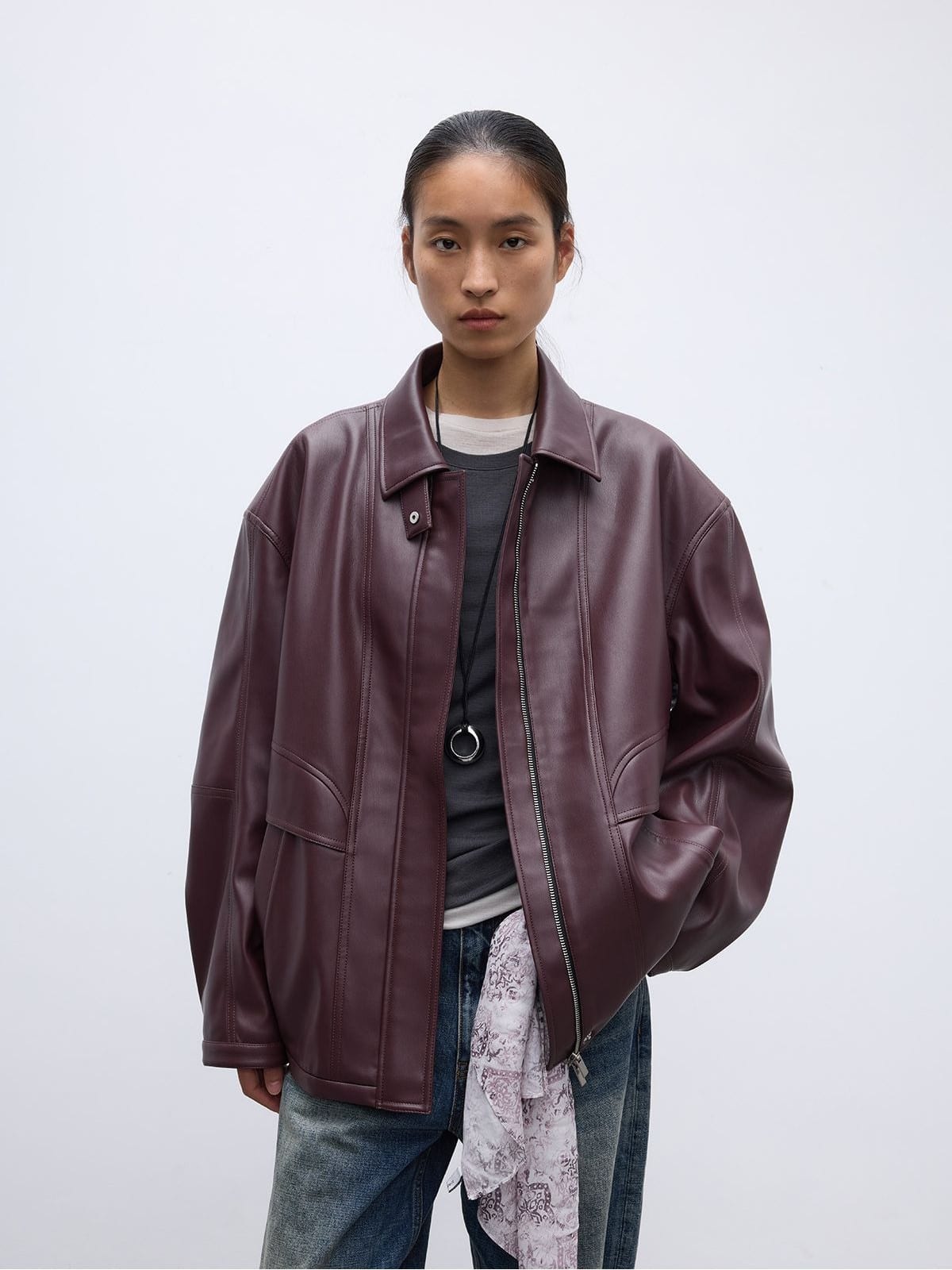 Random Piece Drop Shoulder Matte Faux Leather Jacket in Burgundy - On Female Model