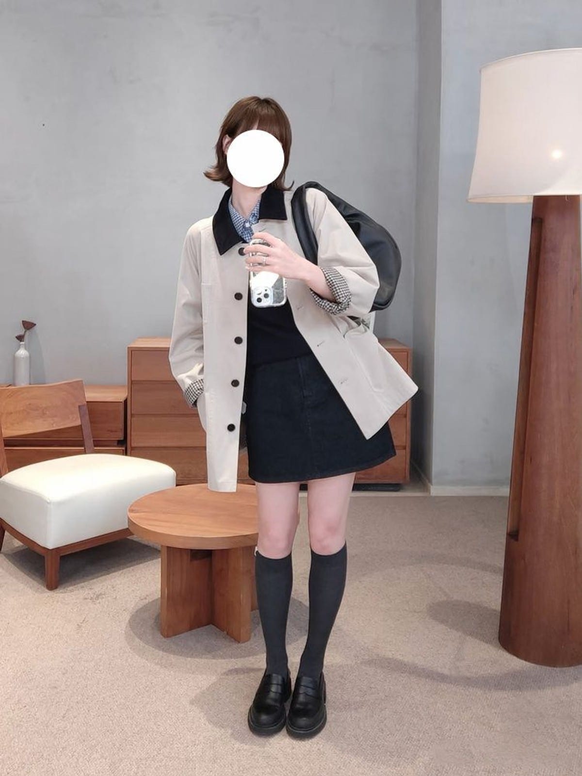 Venus Contrast Collar Cotton Barn Jacket in Beige - On Female Model