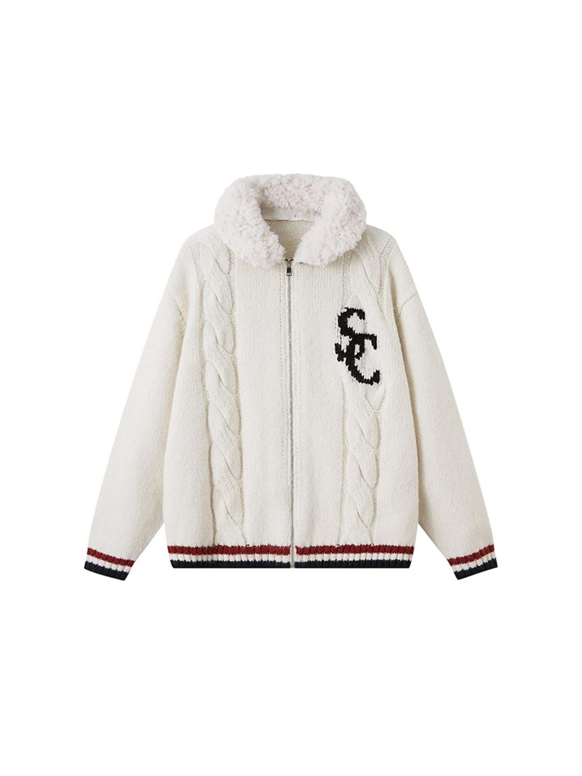 SweetChilling Sherpa Collar Varsity Jacquard Cardigan in White