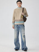 SIMPLE PROJECT Distressed Patchwork Flared Jeans in Blue - On Male Model