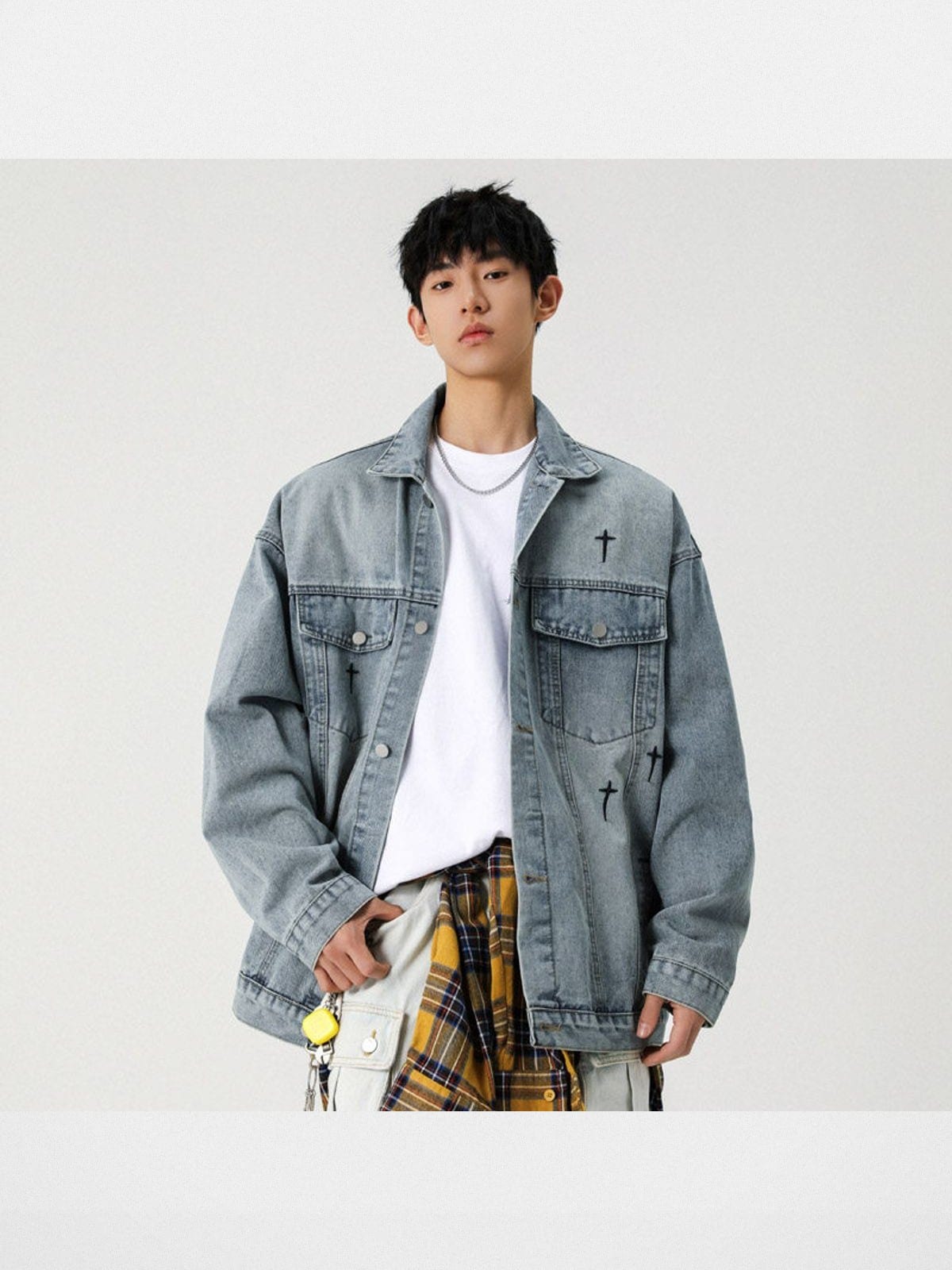 MASONPRINCE Star Embroidery Denim Jacket in Denim - On Male Model