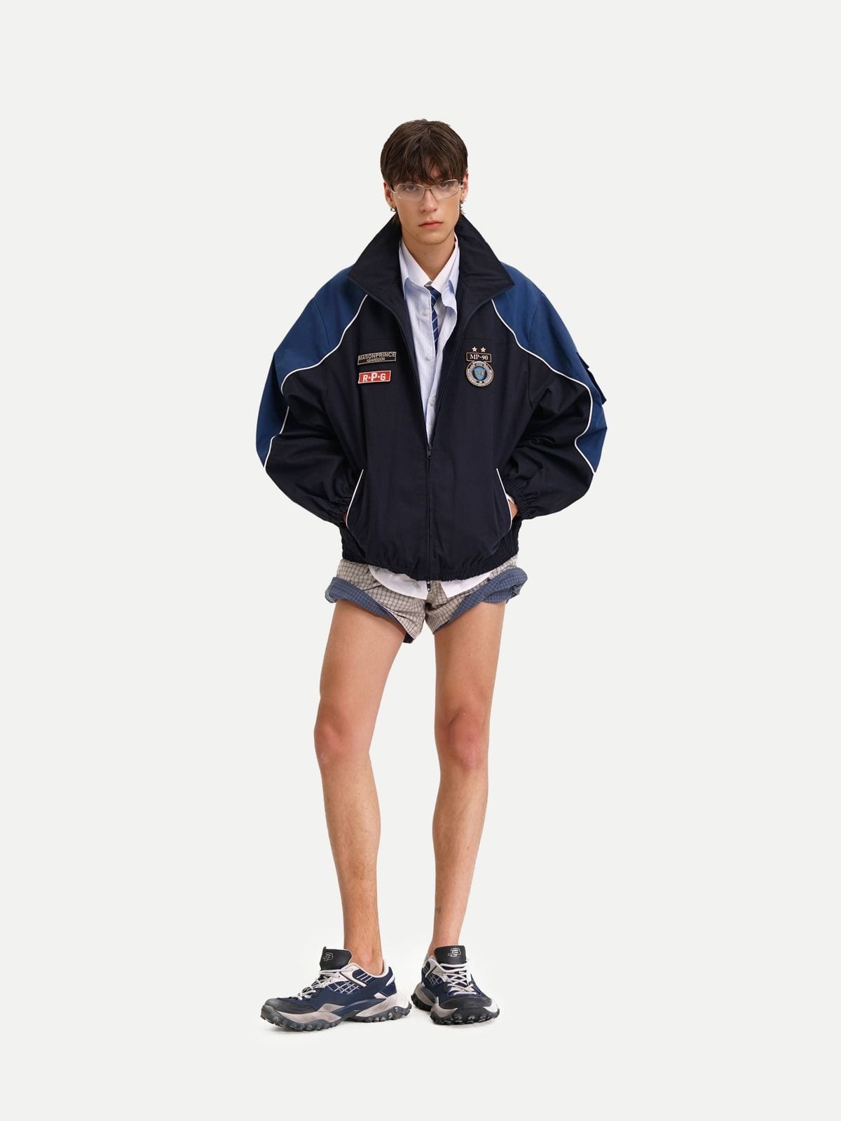 MASONPRINCE Color Block Badge Track Jacket in Blue - On Male Model