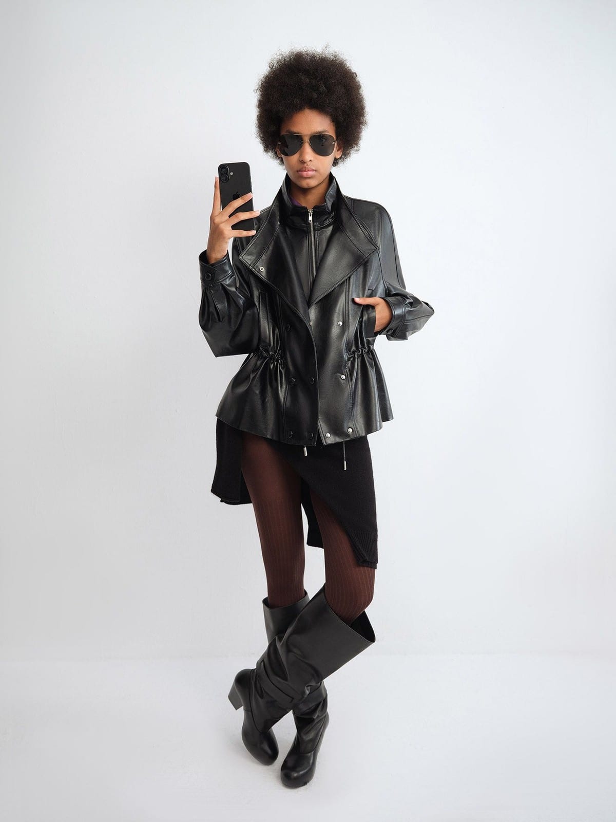 RARELY ALIKE Layered Drawstring Stand Collar Jacket in Black - On Female Model