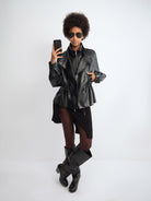 RARELY ALIKE Layered Drawstring Stand Collar Jacket in Black - On Female Model