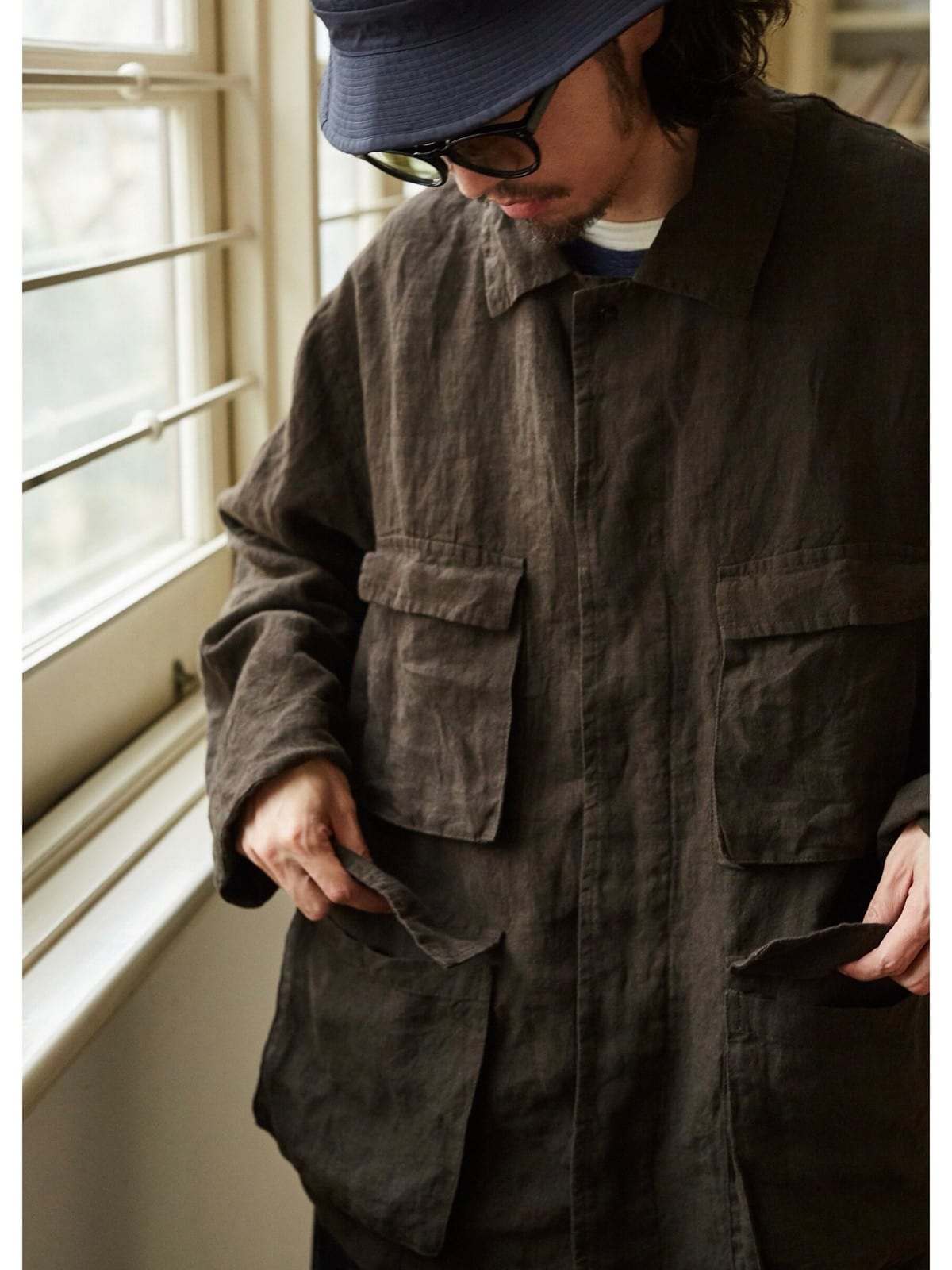USAGE Linen Four Pocket BDU Jacket in Brown - On Male Model