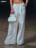 SMFK Wide Leg Cotton Cargo Sweatpants in White - On Female Model