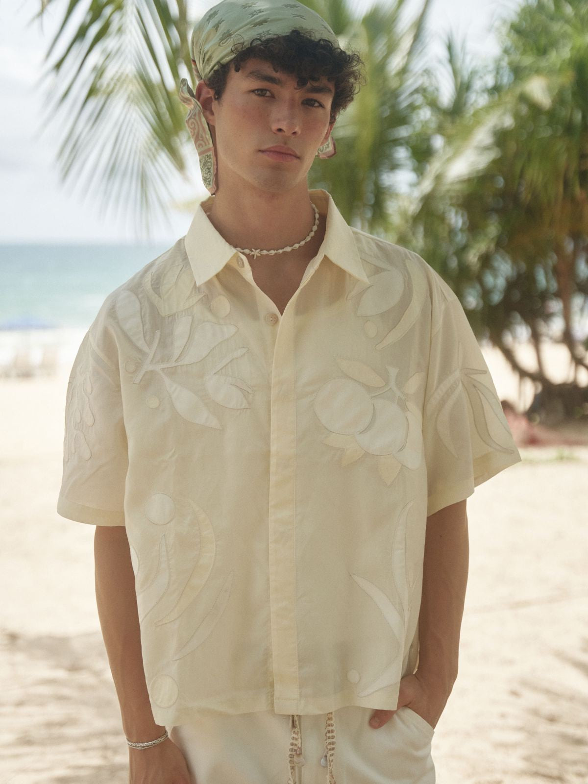 Retro 21 Appliqu Lyocell Camp Shirt in White - On Male Model