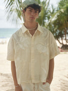 Retro 21 Appliqu Lyocell Camp Shirt in White - On Male Model