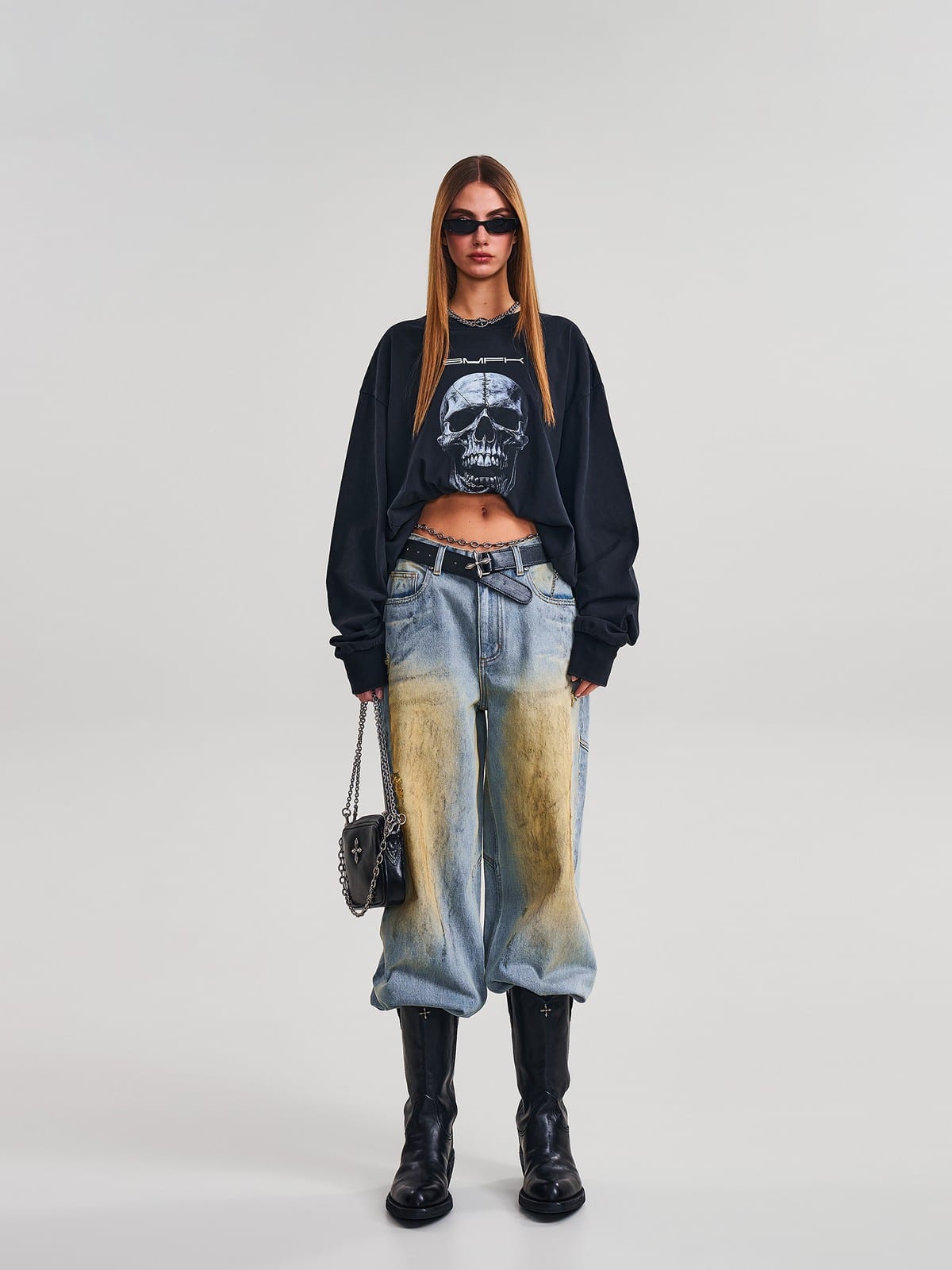 SMFK Skull Graphic Cotton Sweatshirt in Black - On Female Model