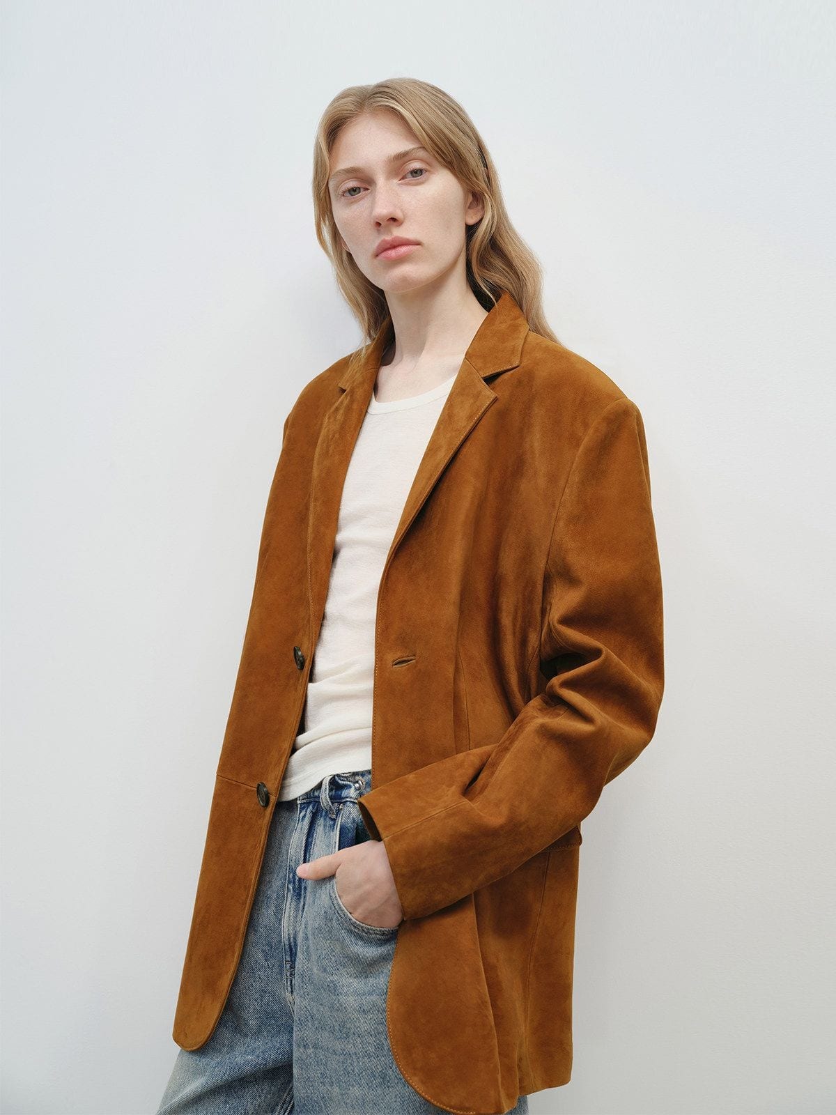 MSBEAST Oversized Sheepskin Suede Blazer in Dark Brown - On Female Model