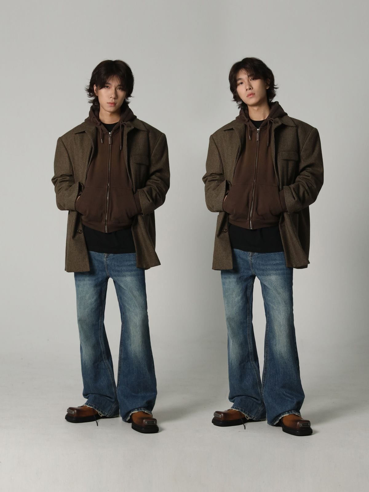 MASONPRINCE High Waisted Distressed Flared Jeans in Denim - On Male Model
