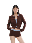 SweetChilling Colorblock Ribbed Knit Shorts in Brown - On Female Model