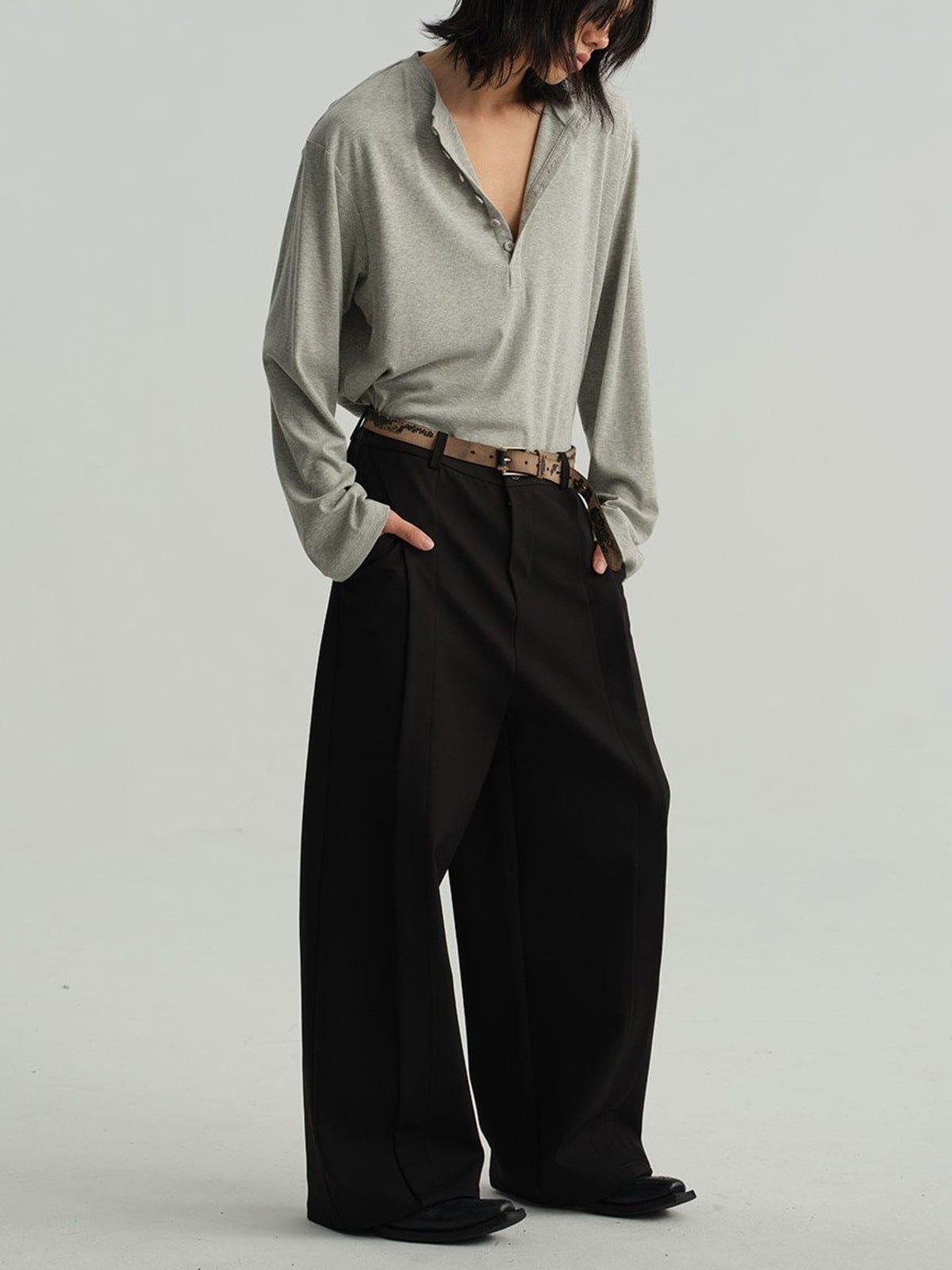 JCAESAR STUDIO Long Sleeve Rayon Blend Henley in Light Gray - On Male Model