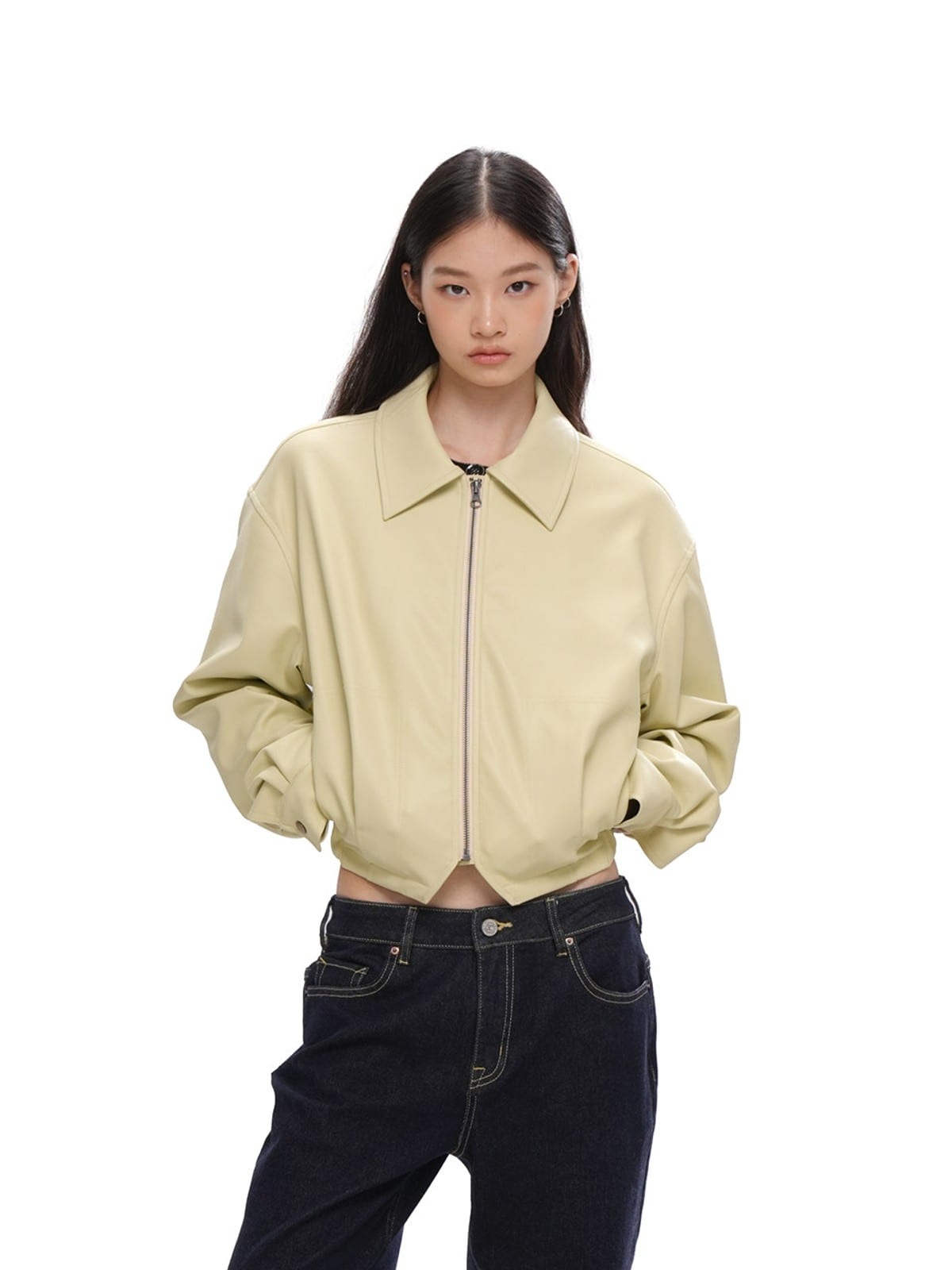 SweetChilling Fleece Lined Cropped Faux Leather Jacket in Beige - On Female Model
