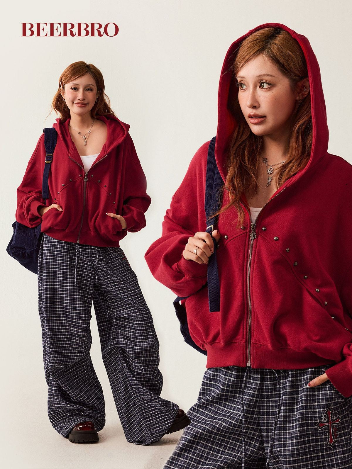 BeerBro Studded Zip Up Cropped Hoodie in Red - On Female Model
