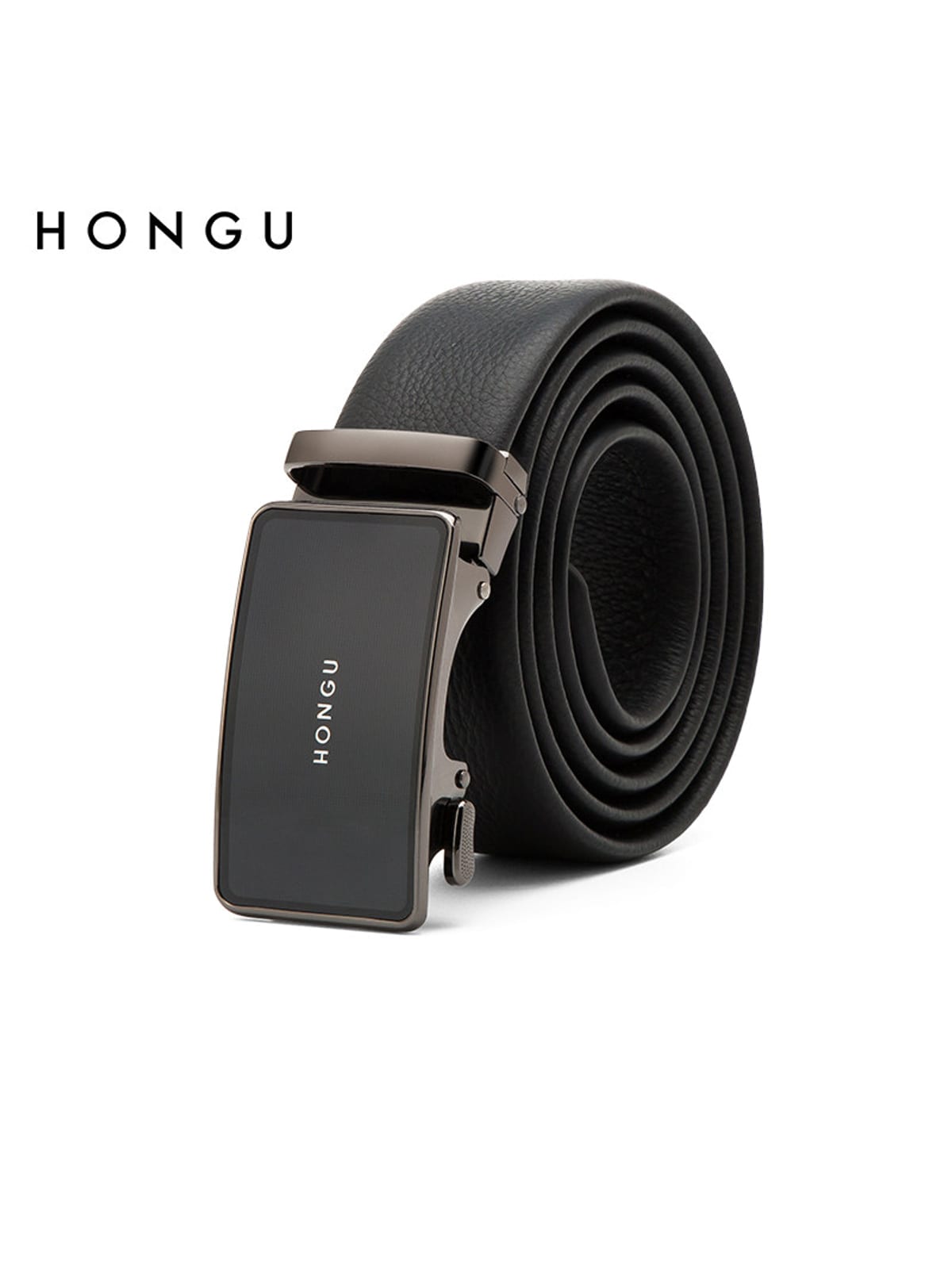 HONGU Cowhide Leather Automatic Buckle Belt in Black