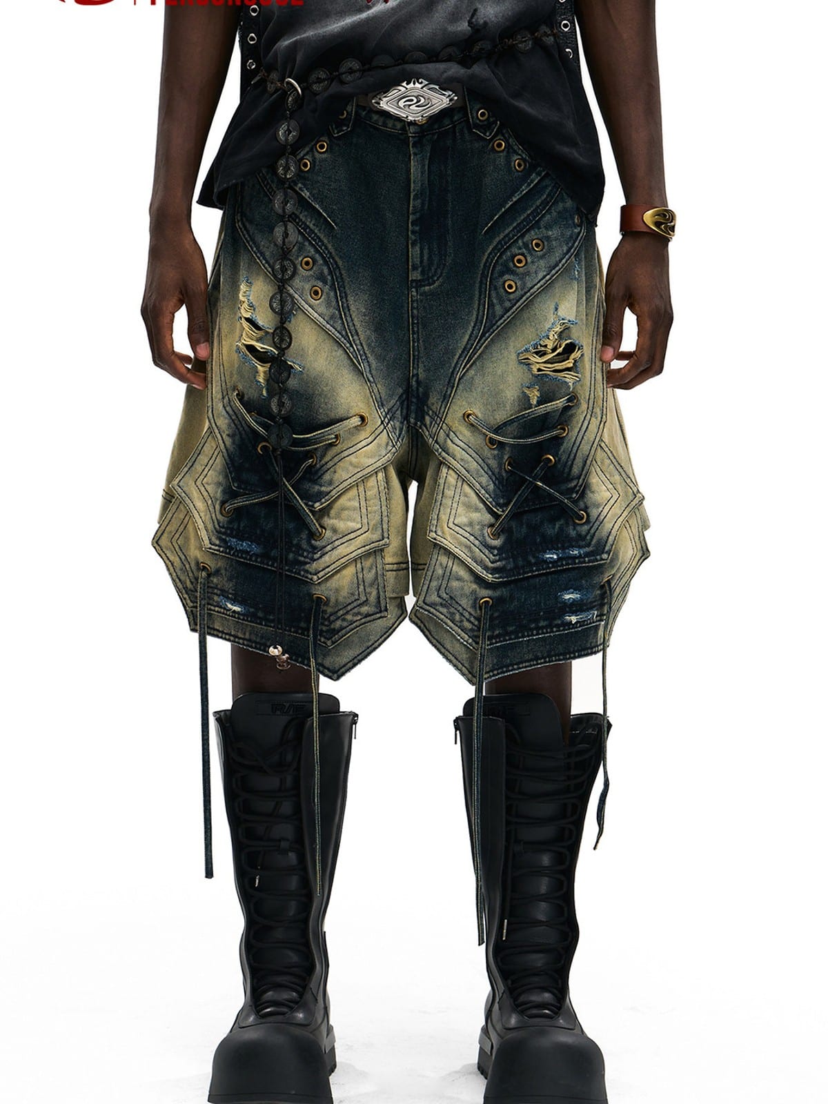 PERSONSOUL Distressed Lace Up Denim Shorts in Blue - On Male Model