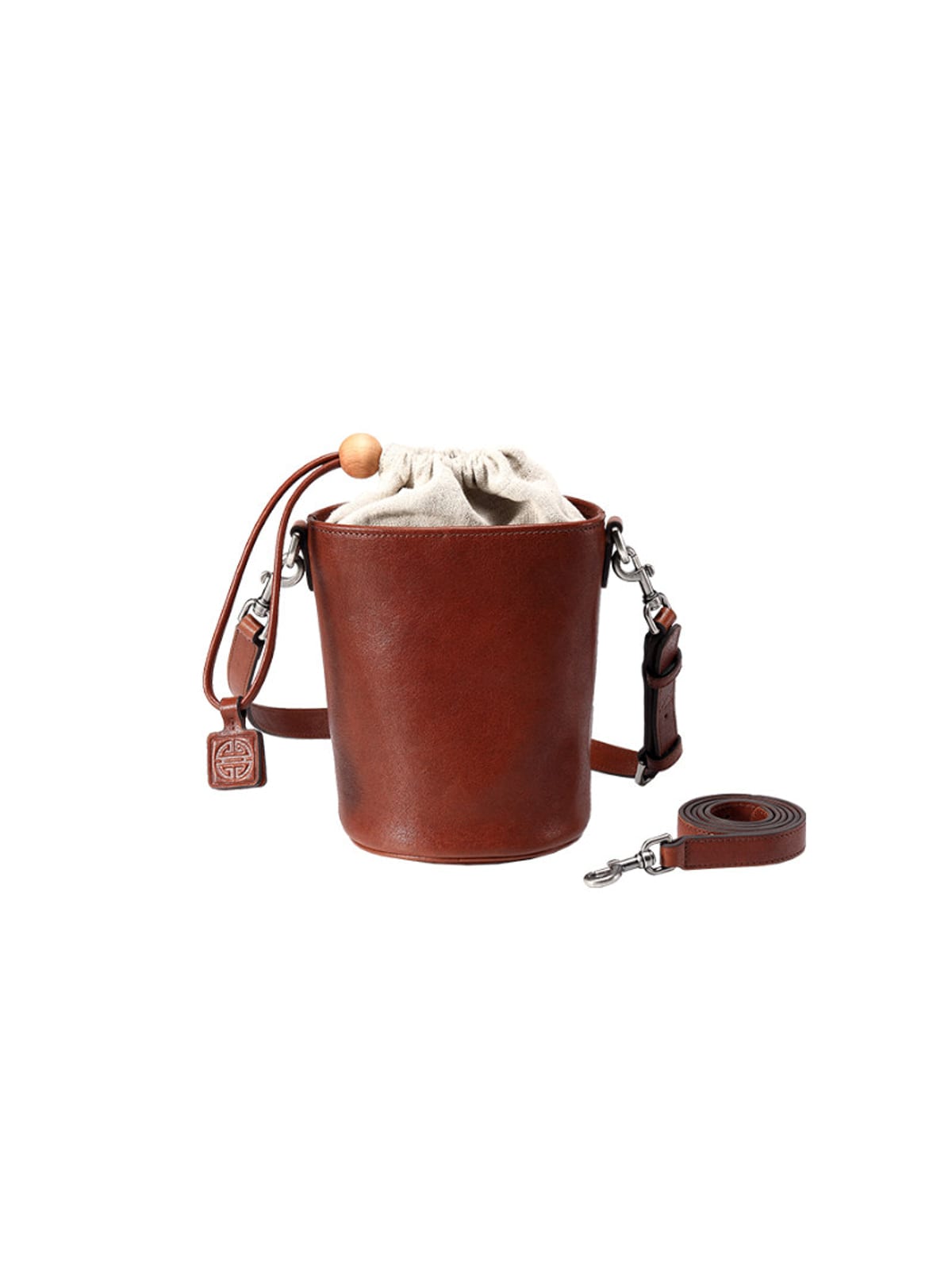 QIUZHEN Leather Drawstring Bucket Bag in Dark Brown