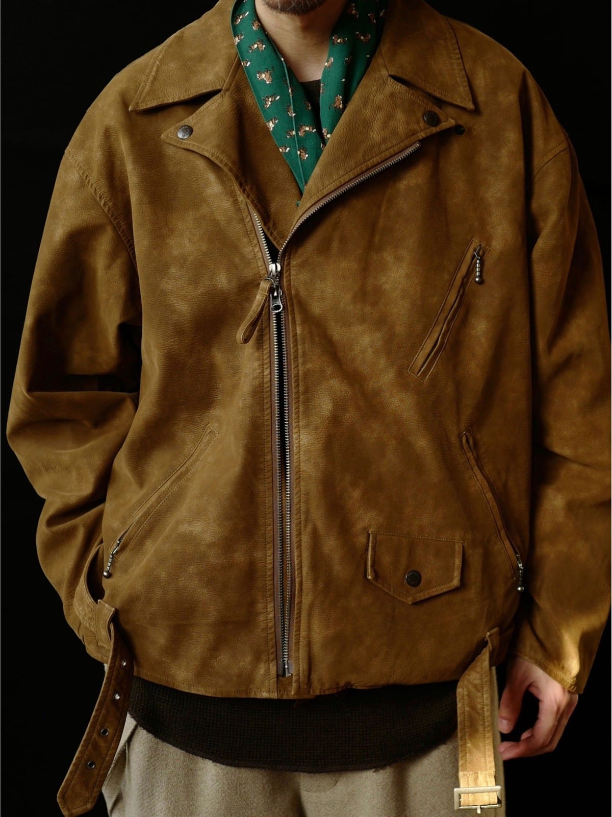 USAGE Distressed Faux Suede Moto Jacket in Brown - On Male Model