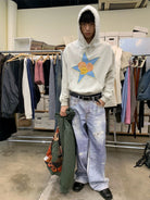 NeverSeez Star Patchwork Raw Edge Hoodie in Off-White - On Male Model