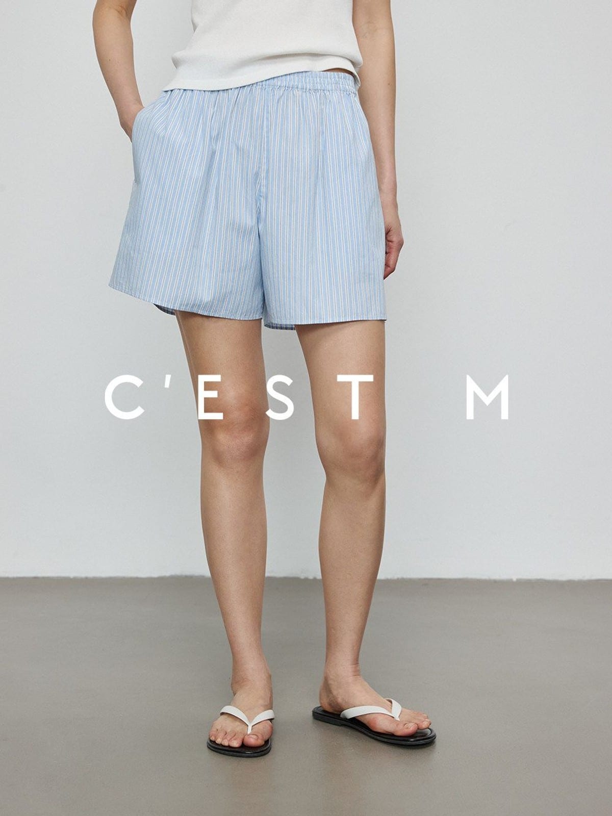 CEST M Striped Organic Pima Cotton Shorts in Sky Blue - On Female Model