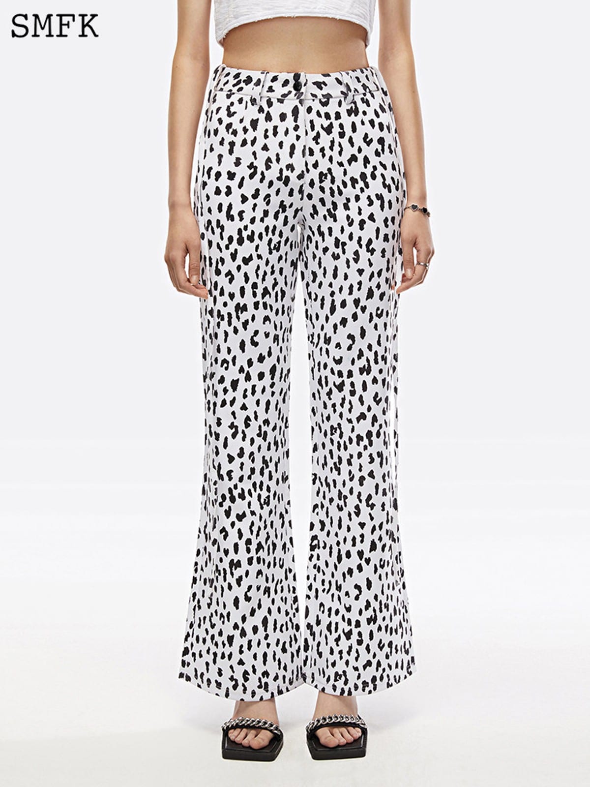 SMFK High Waisted Leopard Print Flared Pants in White - On Female Model