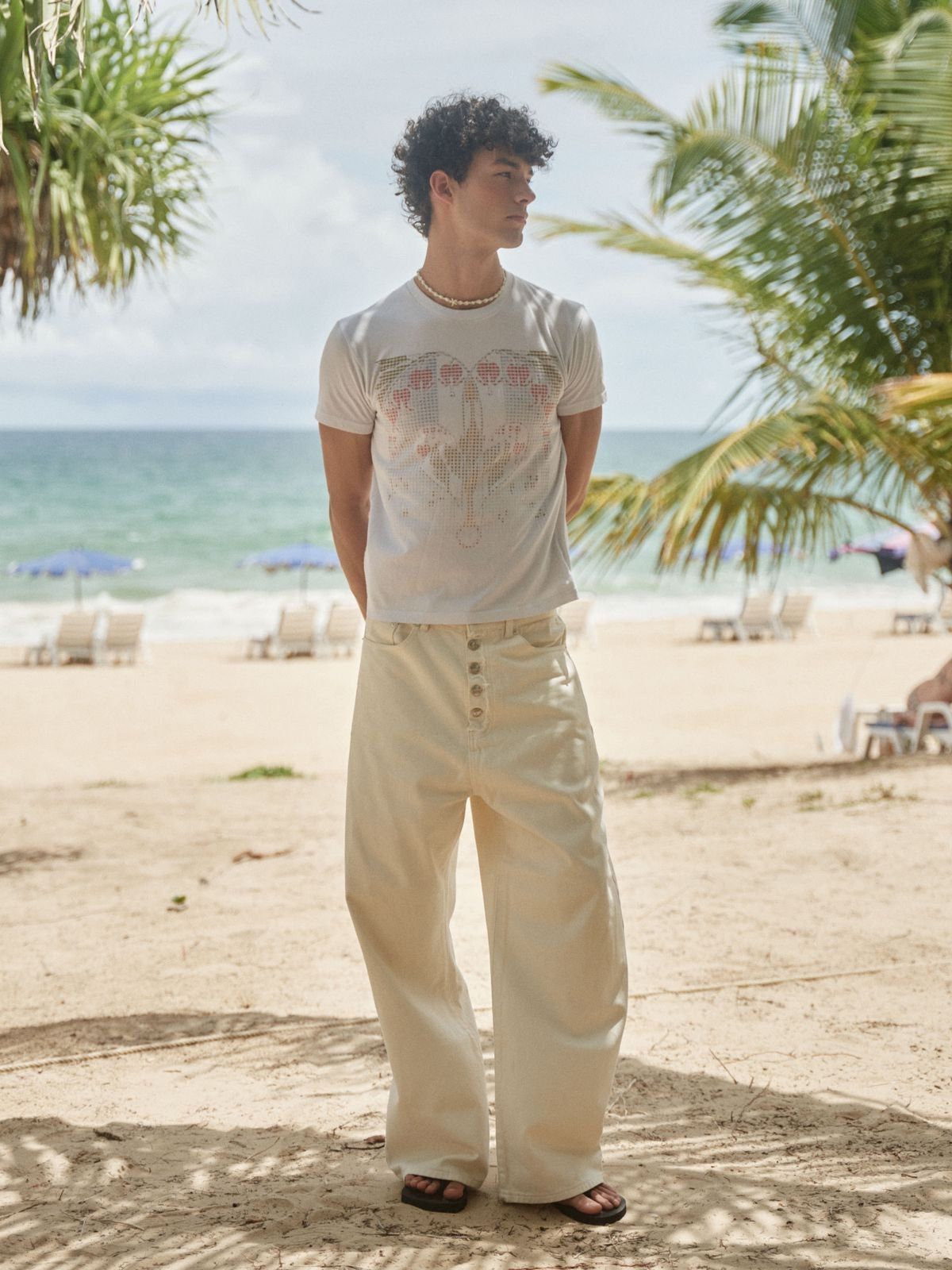 Retro 21 Island Heart Digital Print T Shirt in White - On Male Model