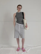 RARELY ALIKE Cotton Drawstring Sweat Shorts in Gray - On Female Model