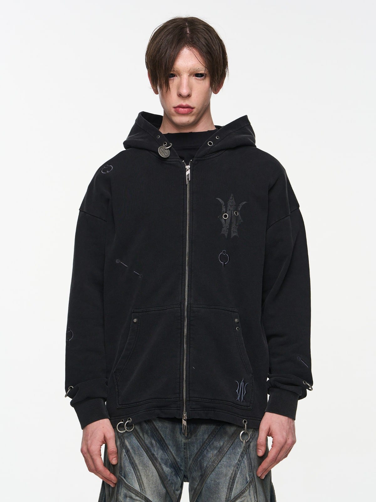 BLINDNOPLAN Washed Distressed Graphic Zip Hoodie in Black - On Male Model