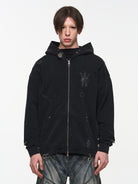 BLINDNOPLAN Washed Distressed Graphic Zip Hoodie in Black - On Male Model