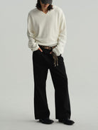 JCAESAR STUDIO Cropped V Neck Jacquard Sweatshirt in White - On Male Model