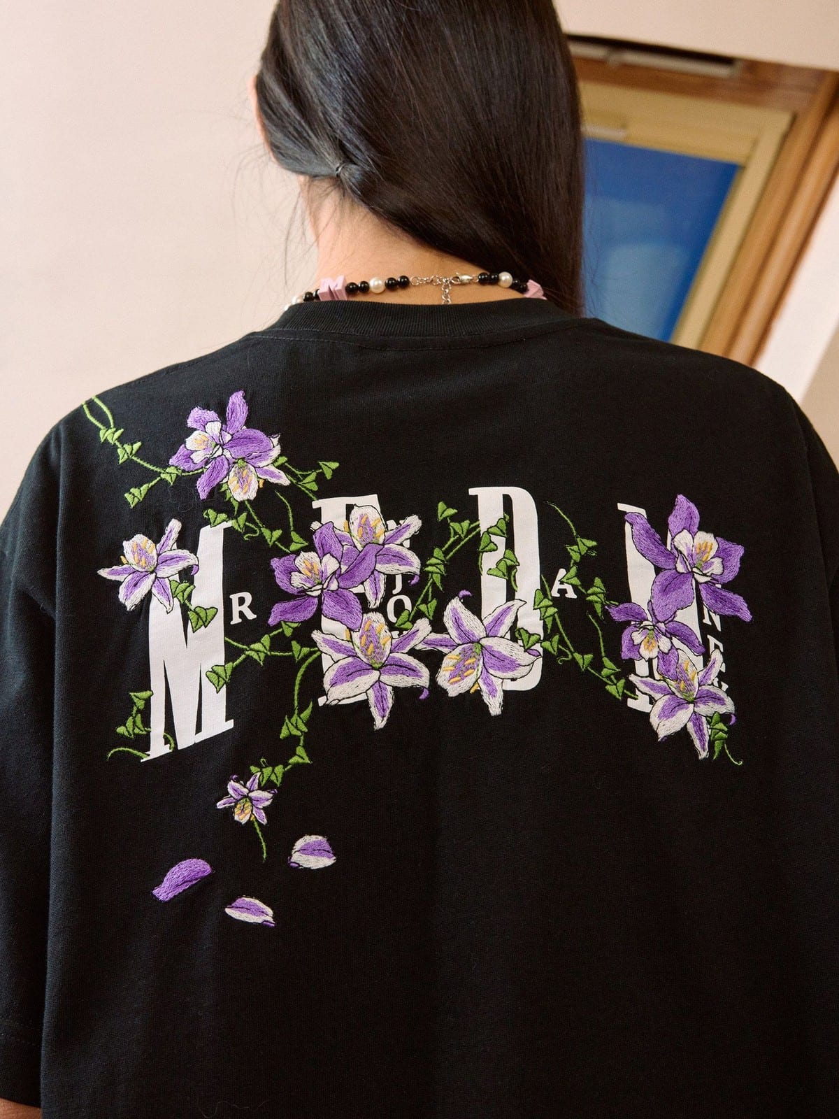 MEDM Floral Vine Embroidered T Shirt in Black - On Model