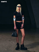 SMFK Cropped Ribbed Short Sleeve T Shirt in Black - On Female Model