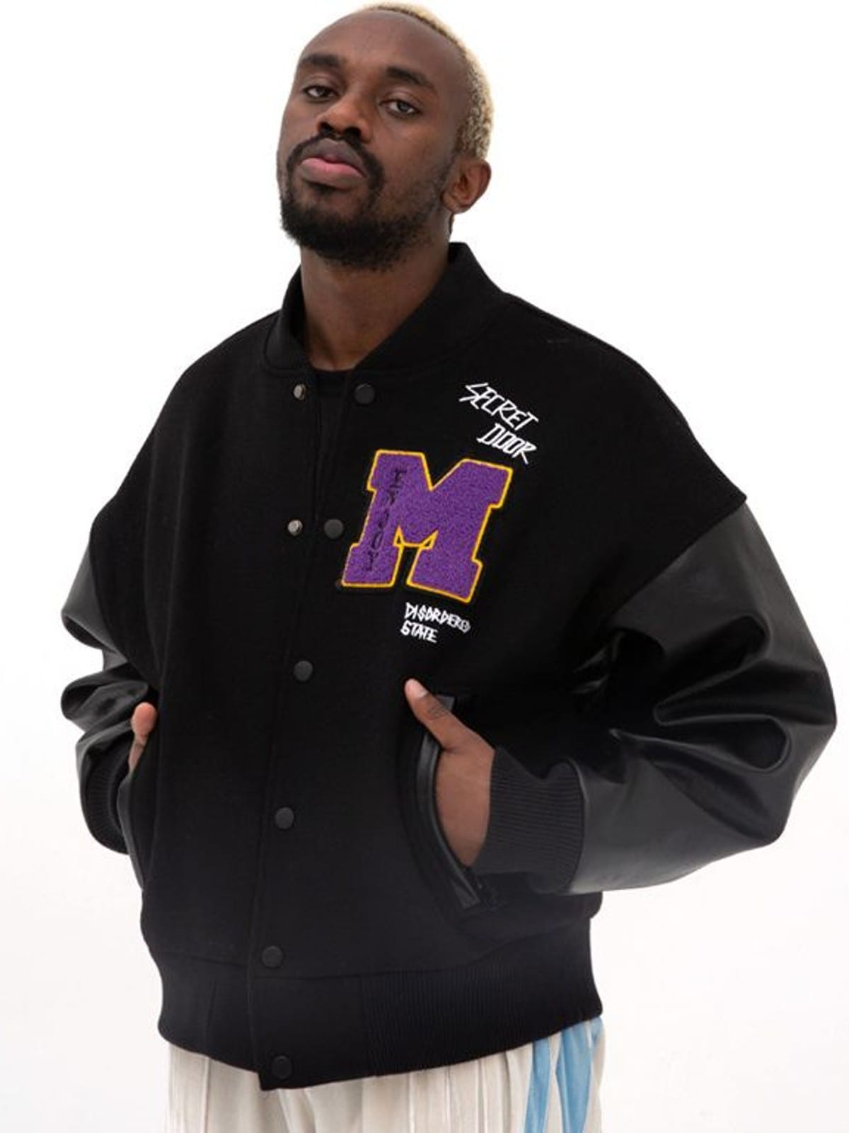 MEDM Wool Blend Varsity Jacket in Black - On Male Model