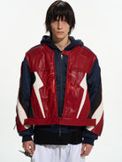 BLINDNOPLAN Layered Colorblock Racing Jacket in Red - On Male Model