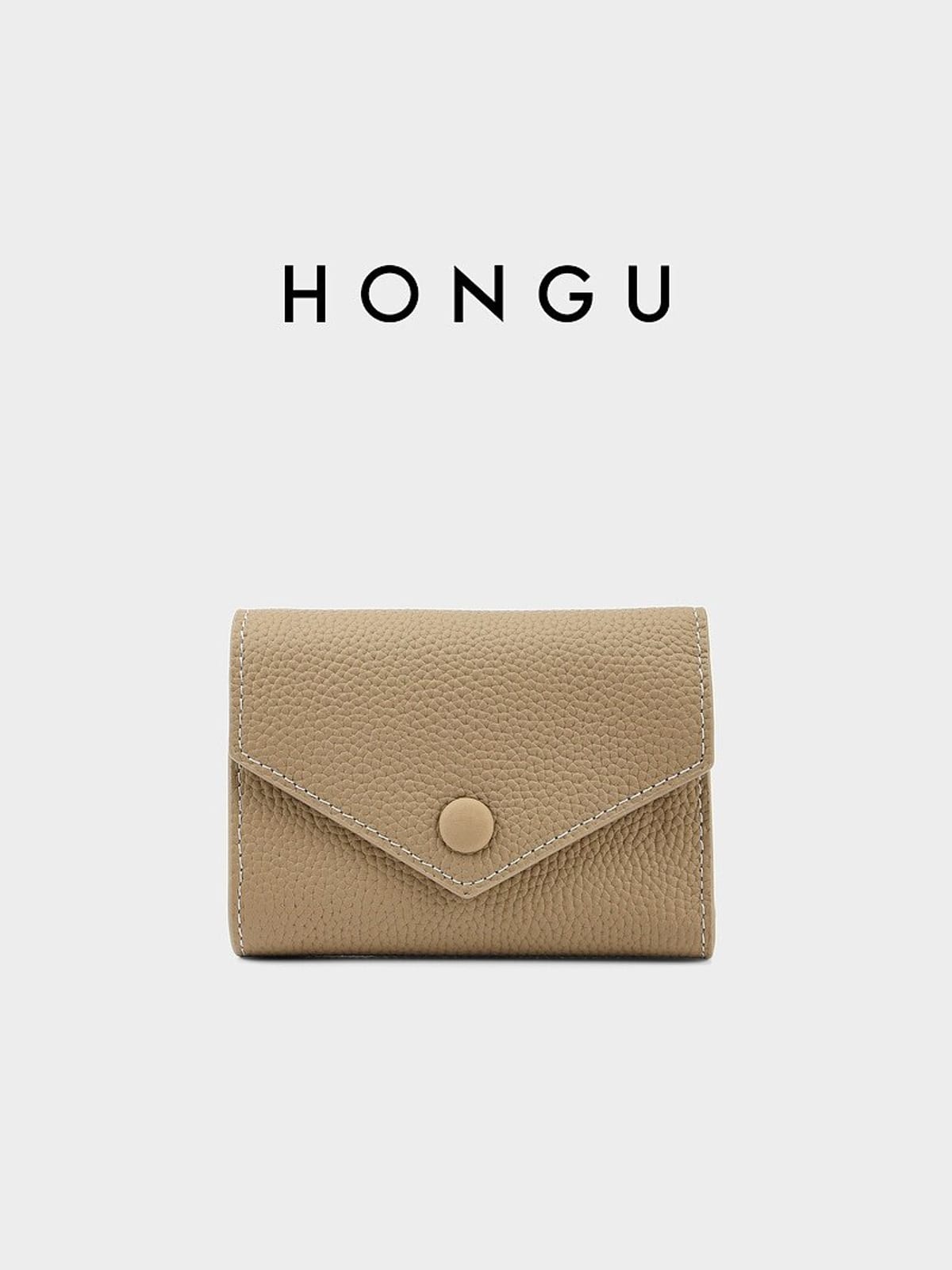 HONGU Cowhide Leather Trifold Wallet in Beige
