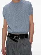 JCAESAR STUDIO Ice Silk Ribbed Hem T Shirt in Blue - On Male Model